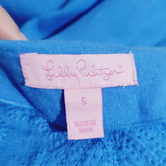 Lilly Pulitzer Linen Tunic Top Blue White Embroidered V-Neck Long Sleeve Size S - Picture 12 of 15